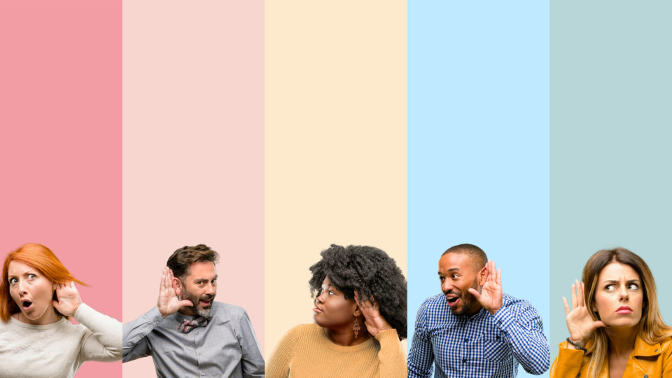 Cool group of people, woman and man holding hand near ear trying to listen to interesting news expressing communication concept and gossip