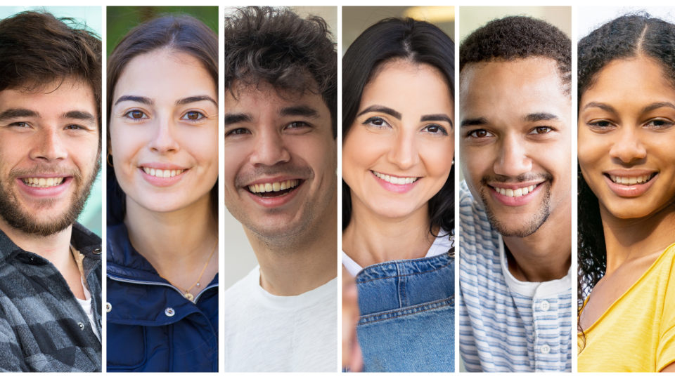 Positive multicultural student girls and guys portrait set. Happy young diverse men and women in casual multiple shot collage. Positive human emotions concept